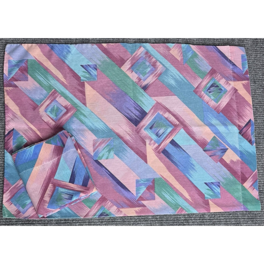 Vintage Pillowcase Pair Geometric Abstract Teal Purple 1980s 90s Retro Pastel